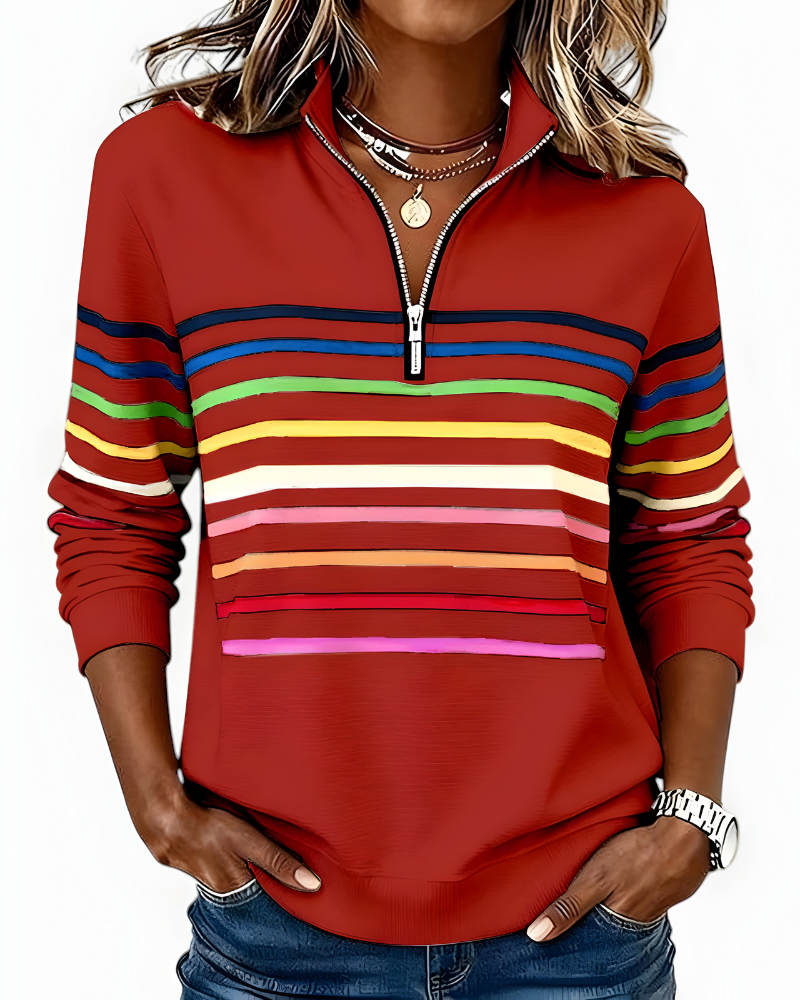 Women's Striped Quarter-Zip Sweater – High Neck Long Sleeve Pullover