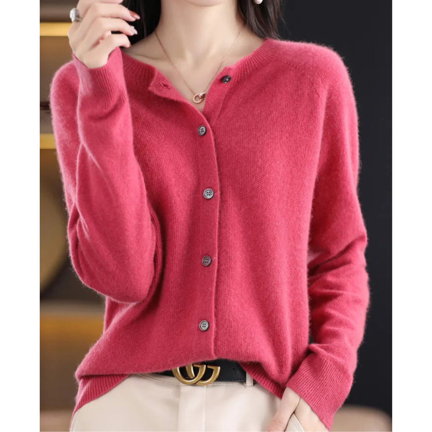 Women's Classic Crew Neck Cardigan – Button Front Long Sleeve Knit Cardigan
