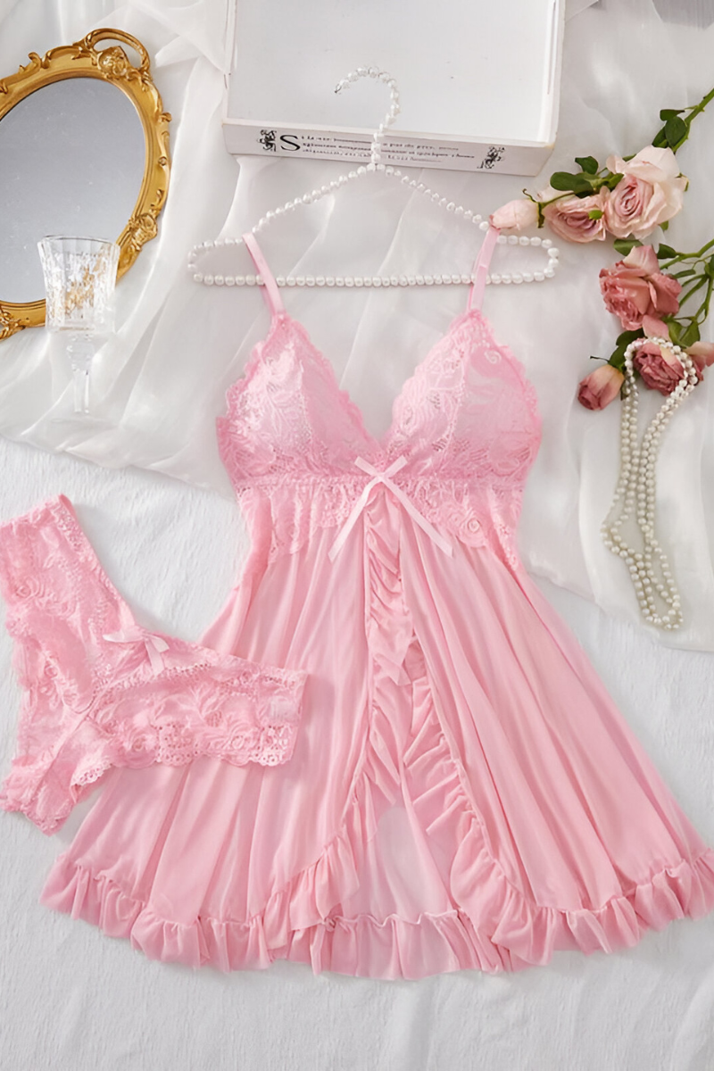 Women's Sheer Lace Lingerie Set – Deep V-Neck Bra & Matching Brief Set