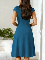 Women's V-Neck A-Line Dress – Short Sleeve Knee Length Pocket Dress