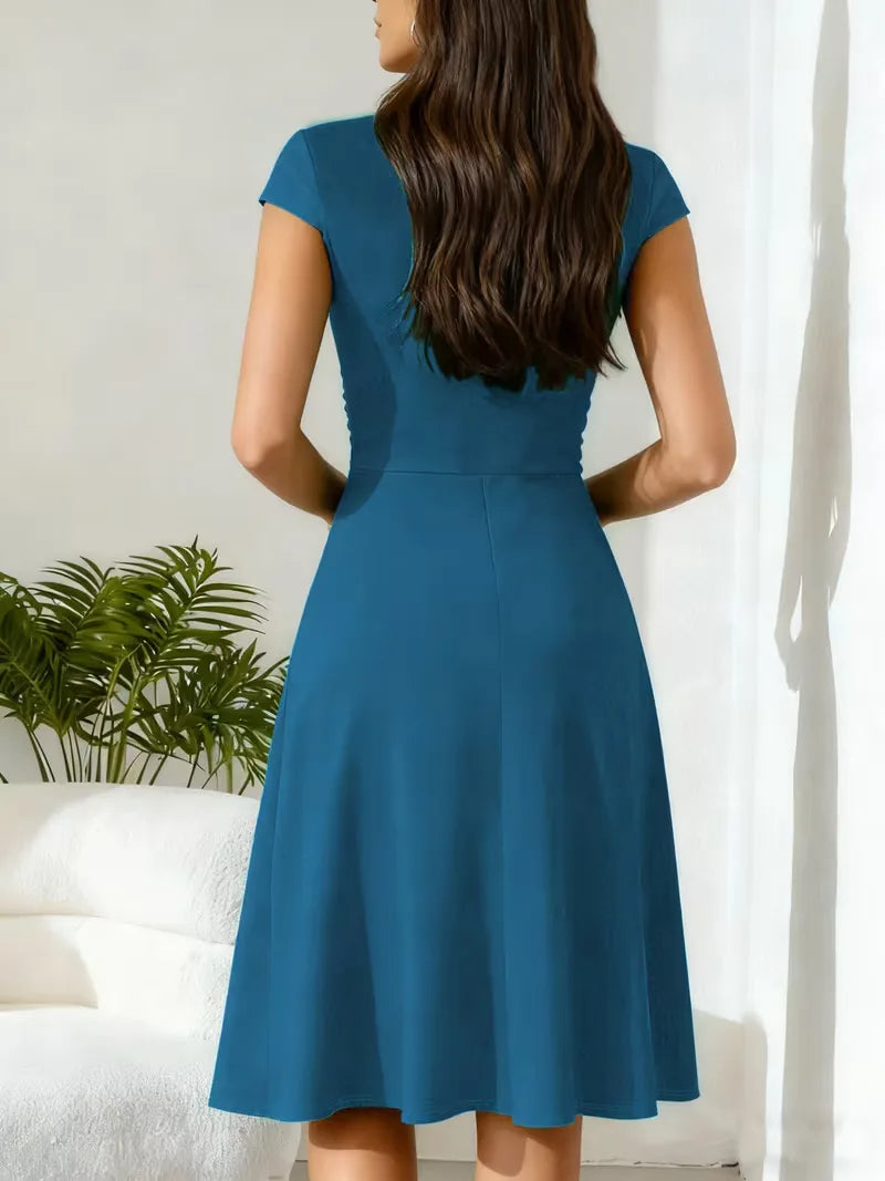 Women's V-Neck A-Line Dress – Short Sleeve Knee Length Pocket Dress