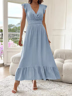 Women's V-Neck Tiered Maxi Dress – Short Sleeve Smocked Waist Evening Dress