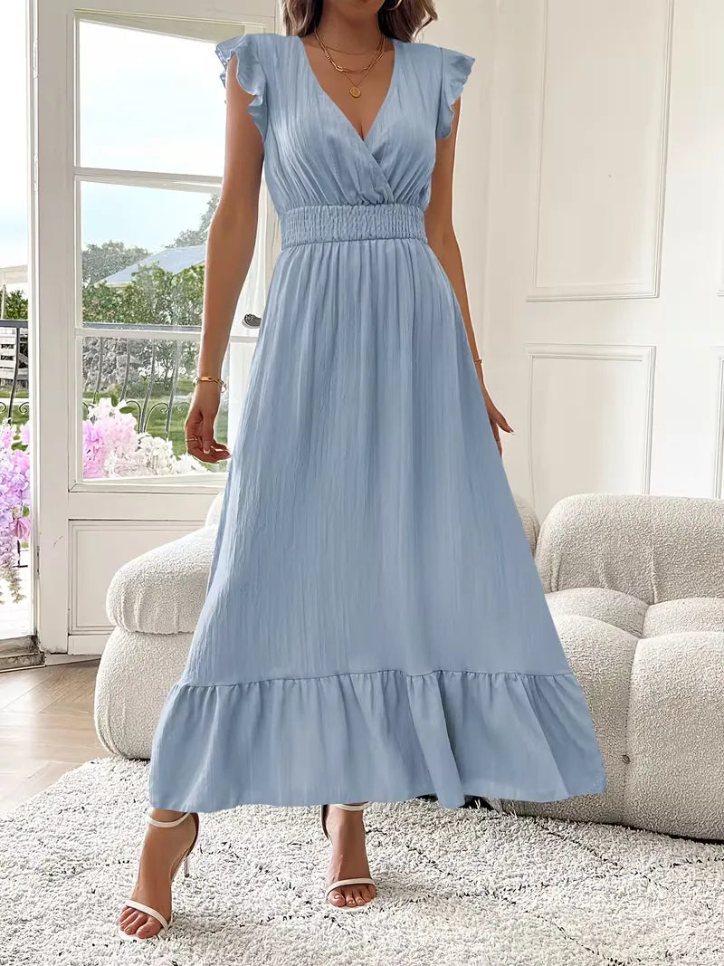 Women's V-Neck Tiered Maxi Dress – Short Sleeve Smocked Waist Evening Dress