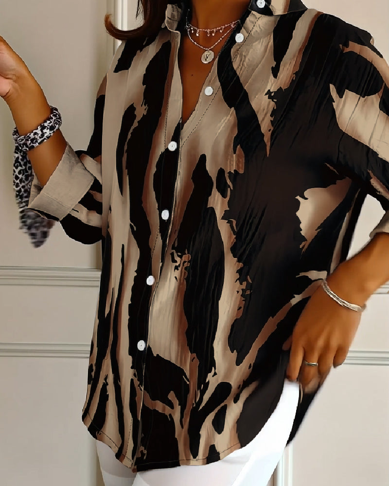 Women's Asymmetrical Print Blouse – Stand Collar Long Sleeve Blouse