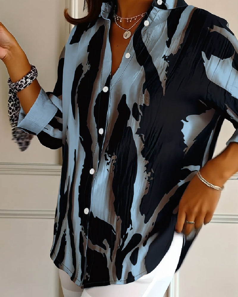 Women's Asymmetrical Print Blouse – Stand Collar Long Sleeve Blouse