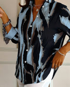 Women's Asymmetrical Print Blouse – Stand Collar Long Sleeve Blouse