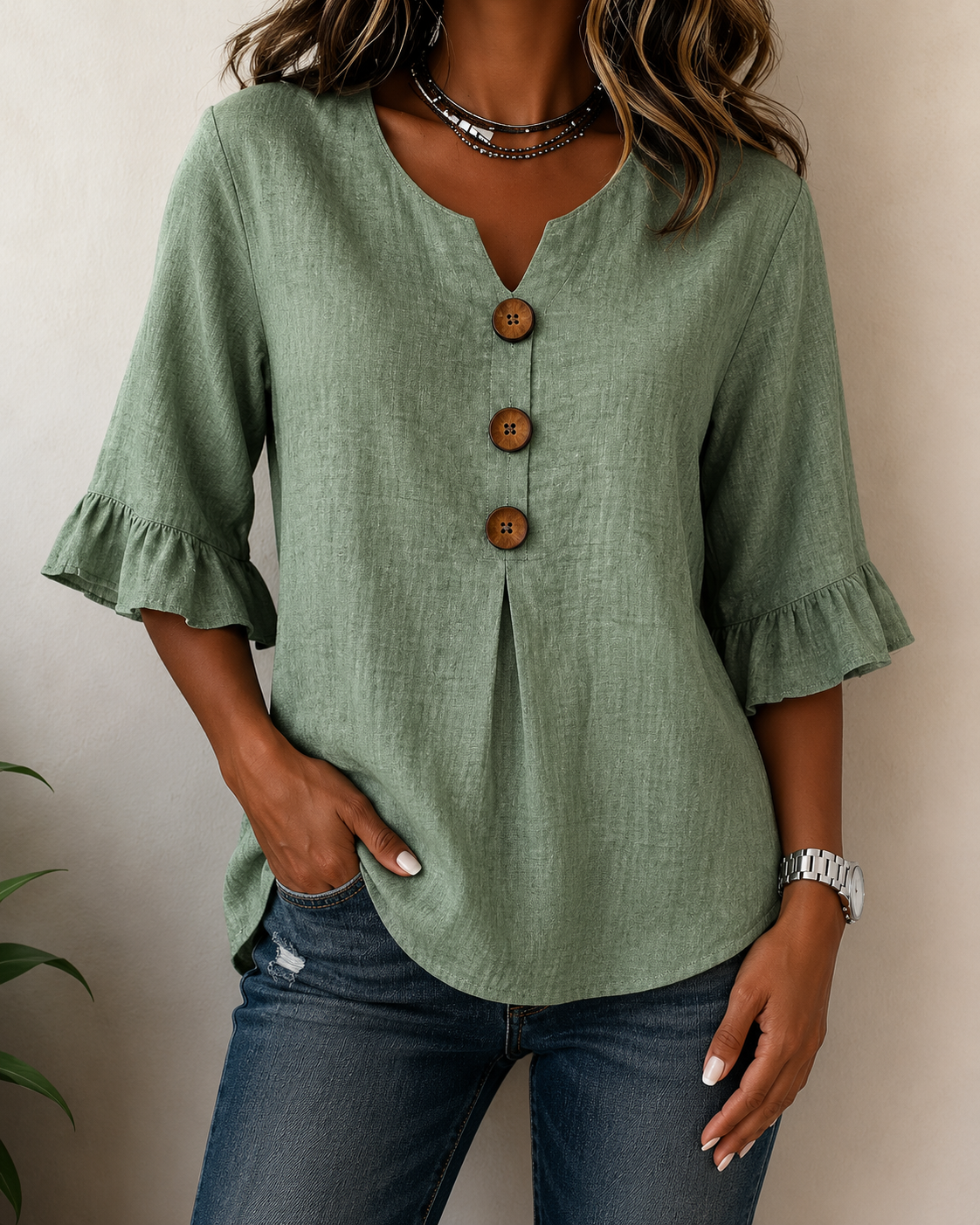Women's Ruffle Front Blouse – Button Detail Flowy Long Sleeve Blouse