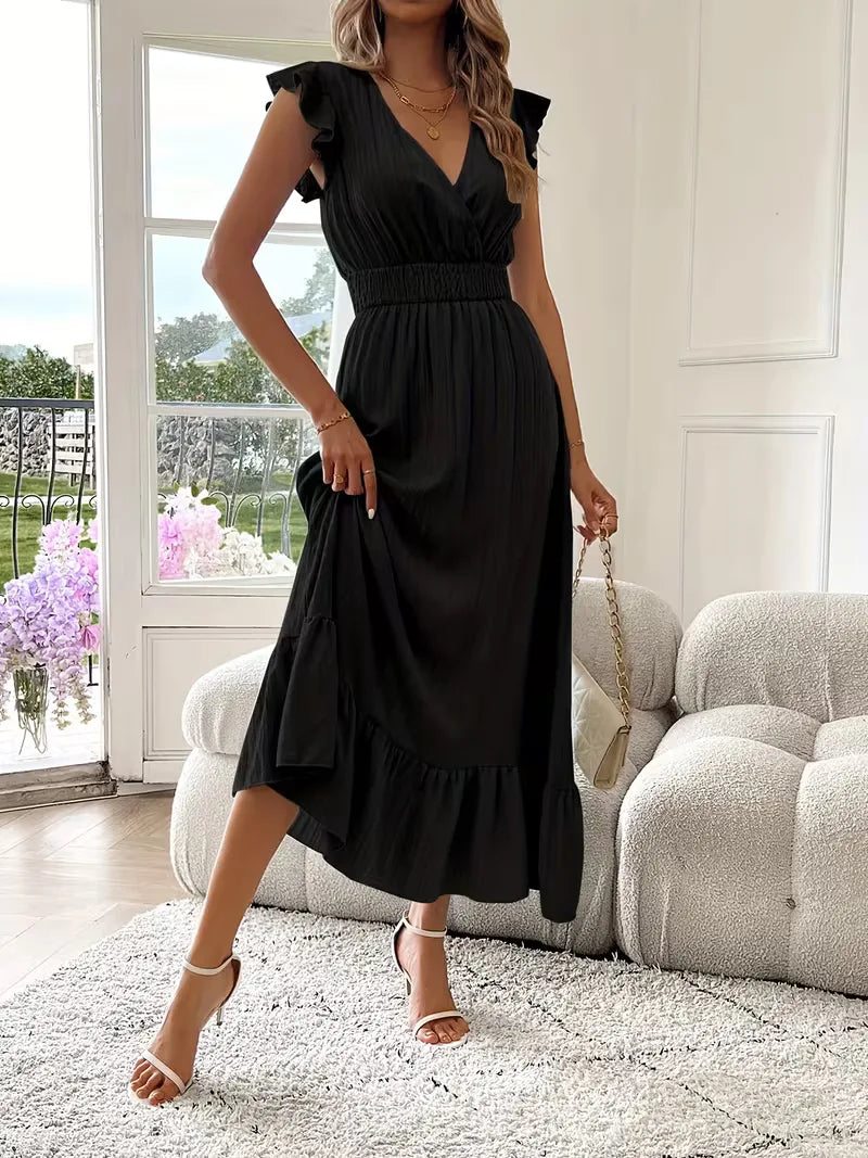 Women's V-Neck Tiered Maxi Dress – Short Sleeve Smocked Waist Evening Dress