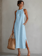 Women's Embroidered Pocket Shirt Dress – Relaxed Flowy Day Dress