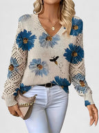 Women's Floral V-Neck Cardigan – Lightweight Flower Knit Cardigan