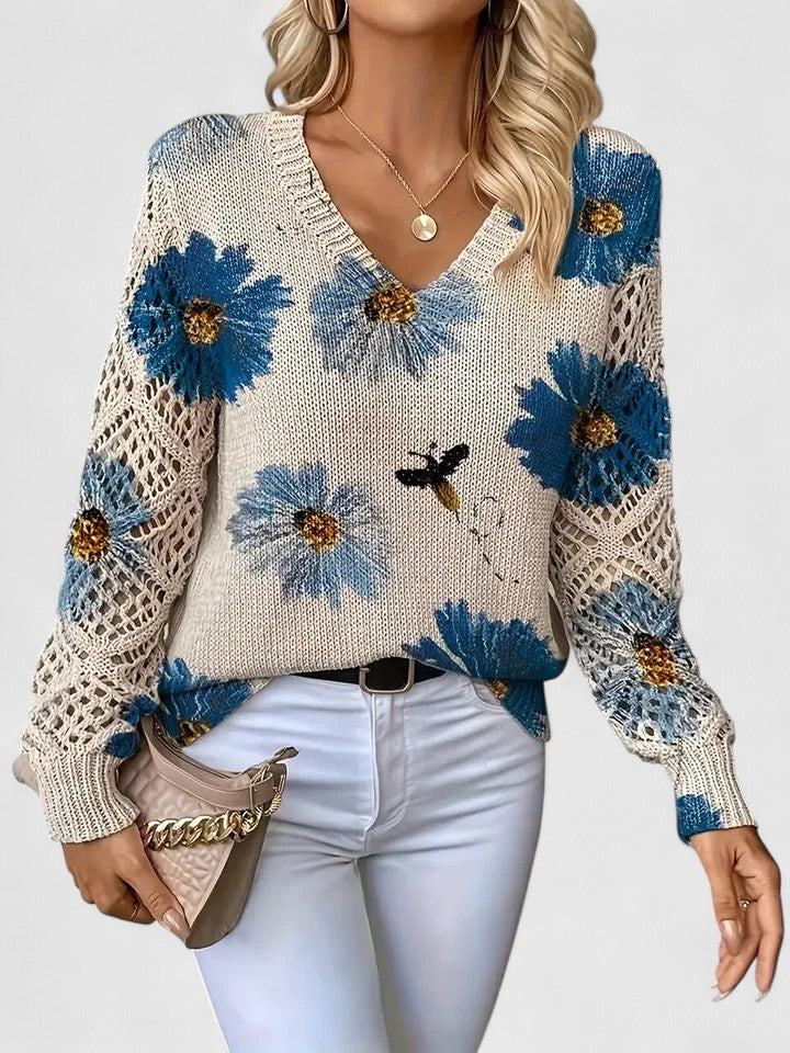 Women's Floral V-Neck Cardigan – Lightweight Flower Knit Cardigan