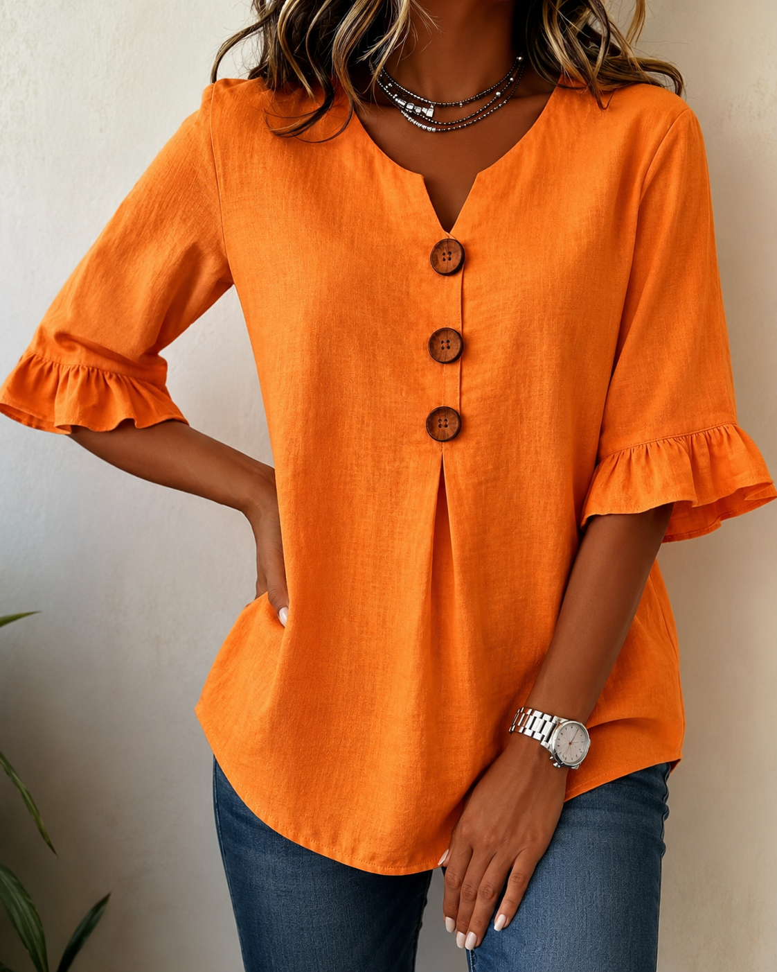 Women's Ruffle Front Blouse – Button Detail Flowy Long Sleeve Blouse