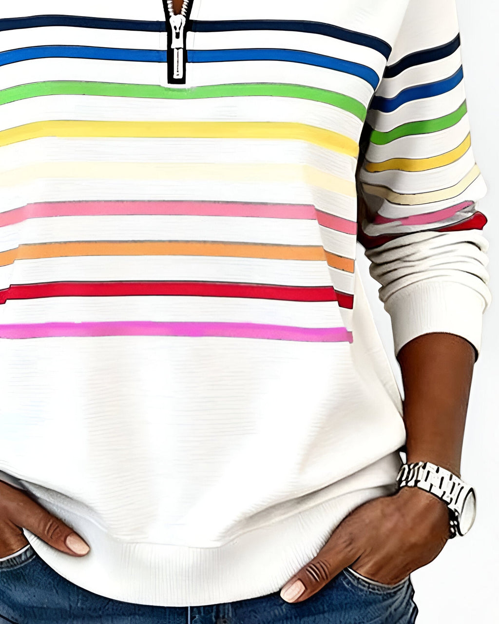 Women's Striped Quarter-Zip Sweater – High Neck Long Sleeve Pullover