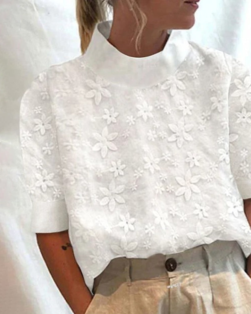 Women's Floral Blouse with High Collar and Long Sleeves