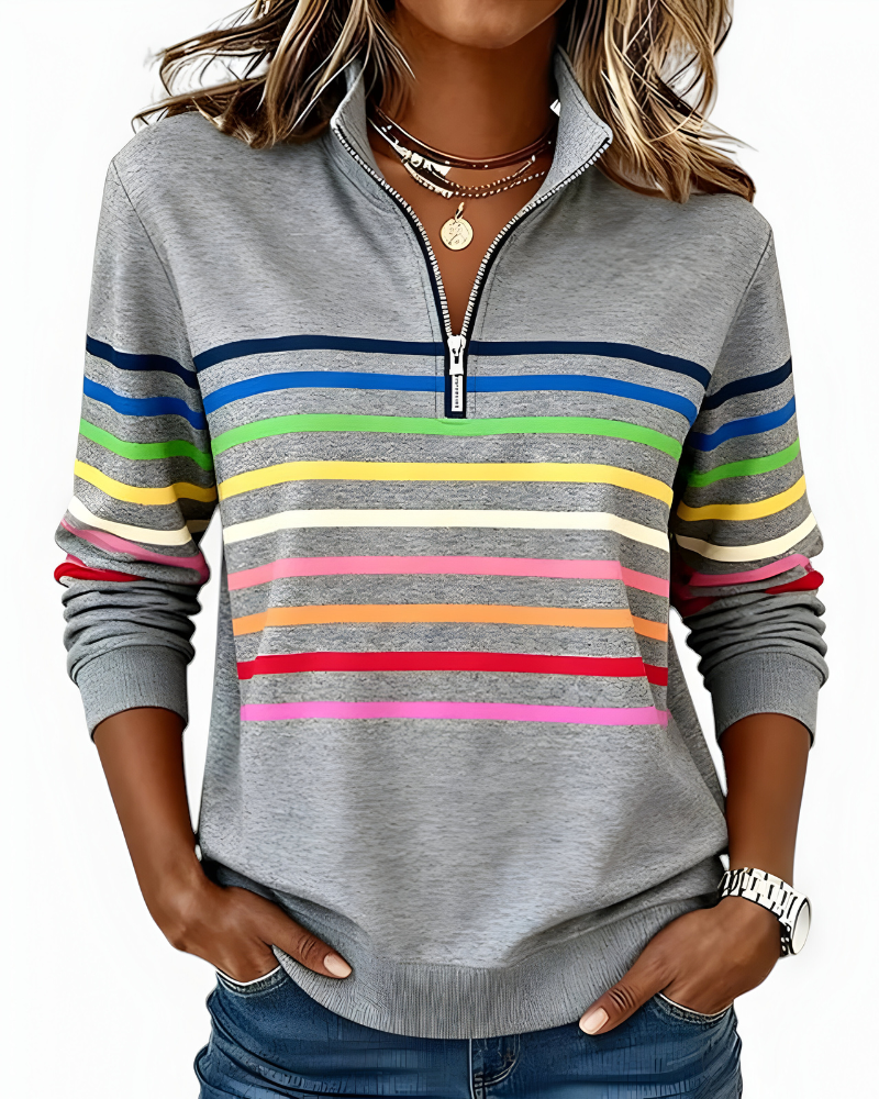 Women's Striped Quarter-Zip Sweater – High Neck Long Sleeve Pullover