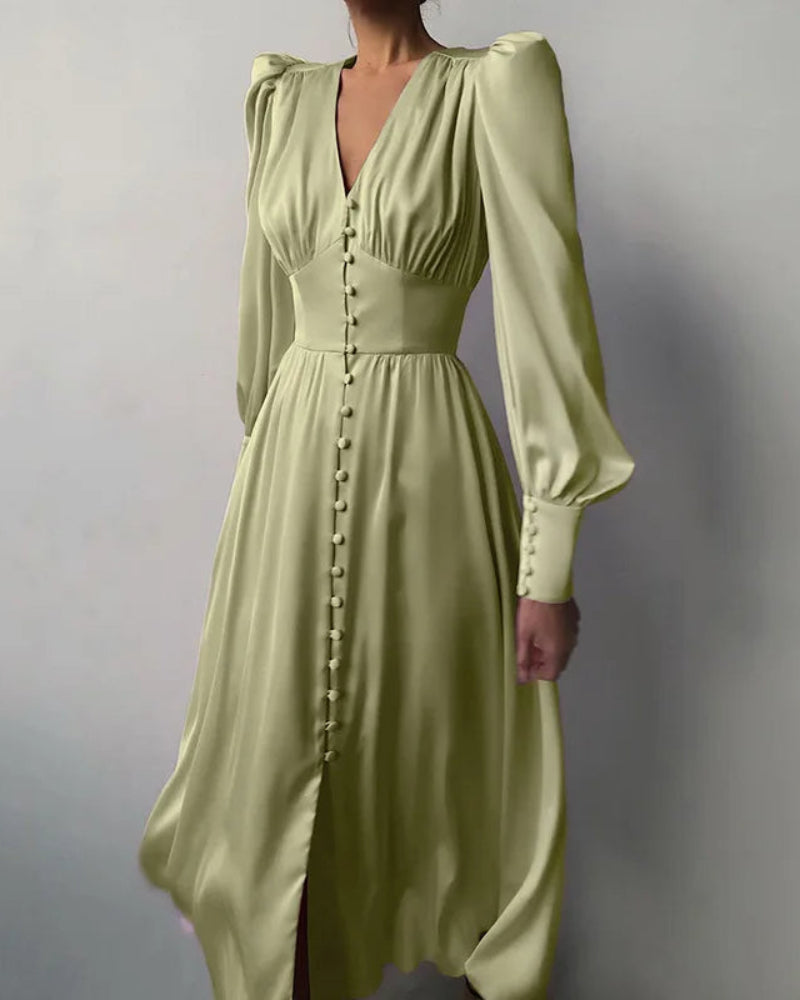 Women's V-Neck Wedding Guest Maxi Dress – Lantern Sleeve Flowy Formal Dress
