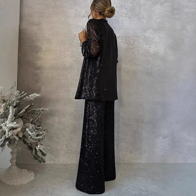 Women's Sequin Two-Piece Set – Fitted Top & High Waist Pants Set
