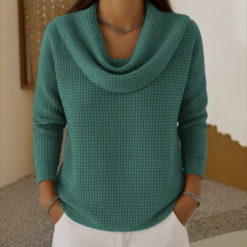 Women's Waterfall Neck Sweater – Waffle Texture Relaxed Knit Pullover