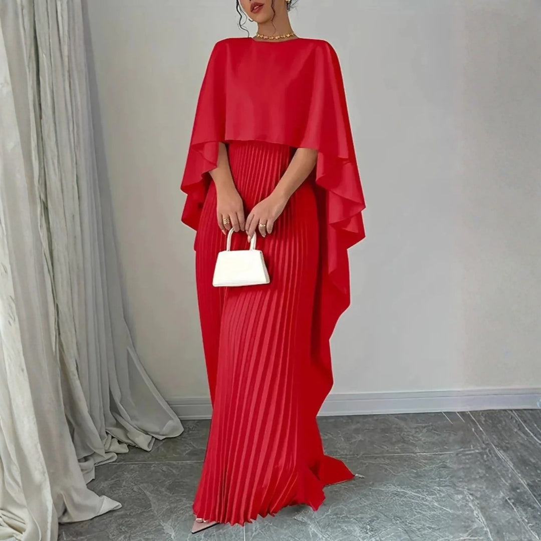 Women's Pleated Cape Wedding Guest Maxi Dress – Draped Formal Evening Dress