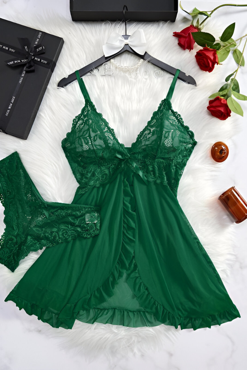Women's Sheer Lace Lingerie Set – Deep V-Neck Bra & Matching Brief Set