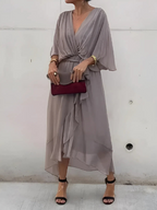 Women's Wrap Midi Dress – Tie Waist Dress – Autumn