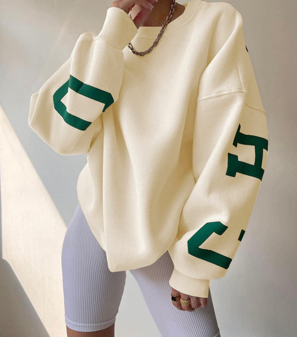 Women's Crew Neck Graphic Sweater – Printed Sleeve Relaxed Fit Pullover