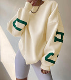 Women's Crew Neck Graphic Sweater – Printed Sleeve Relaxed Fit Pullover
