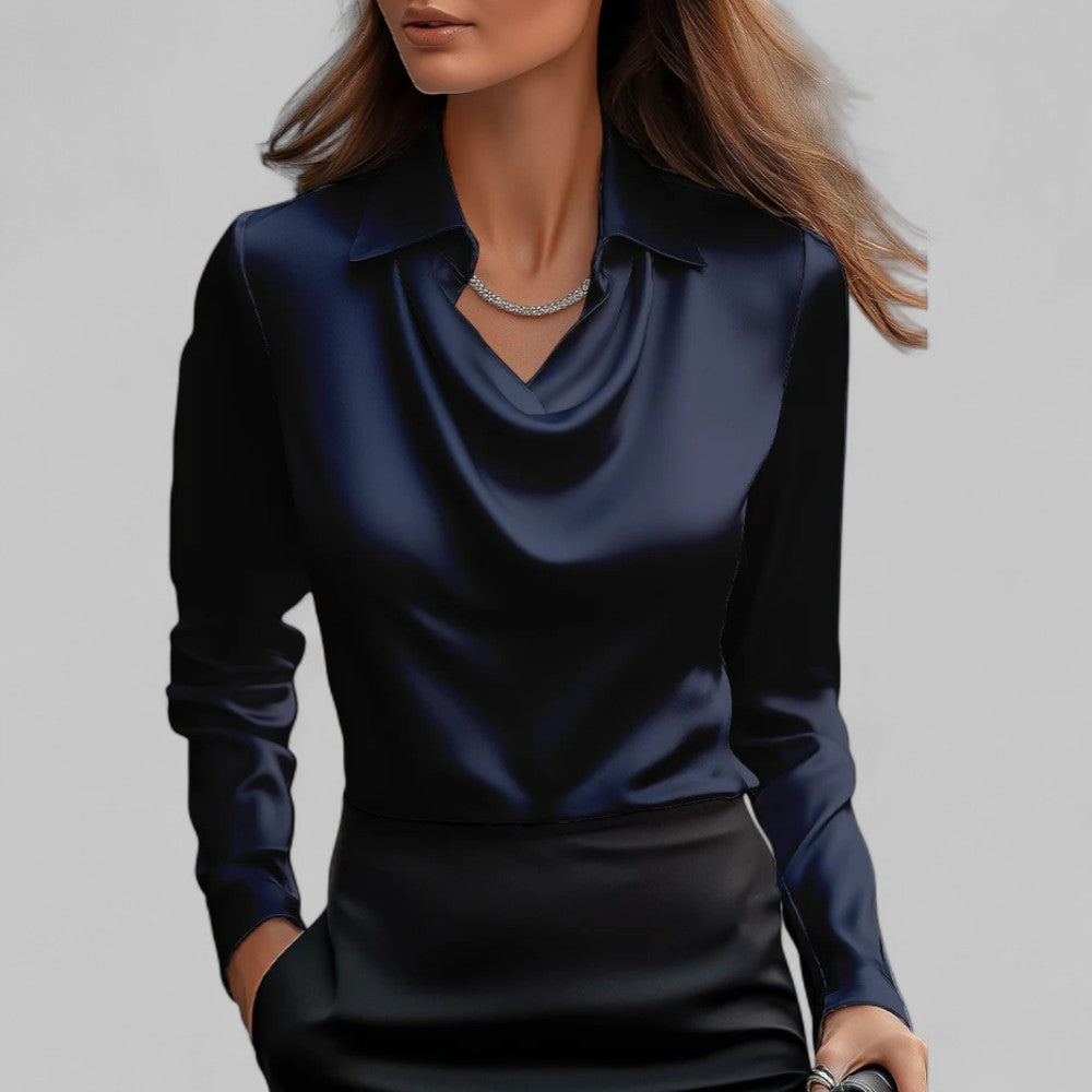 Women's Waterfall Neck Blouse with Draped Fit and Long Sleeves