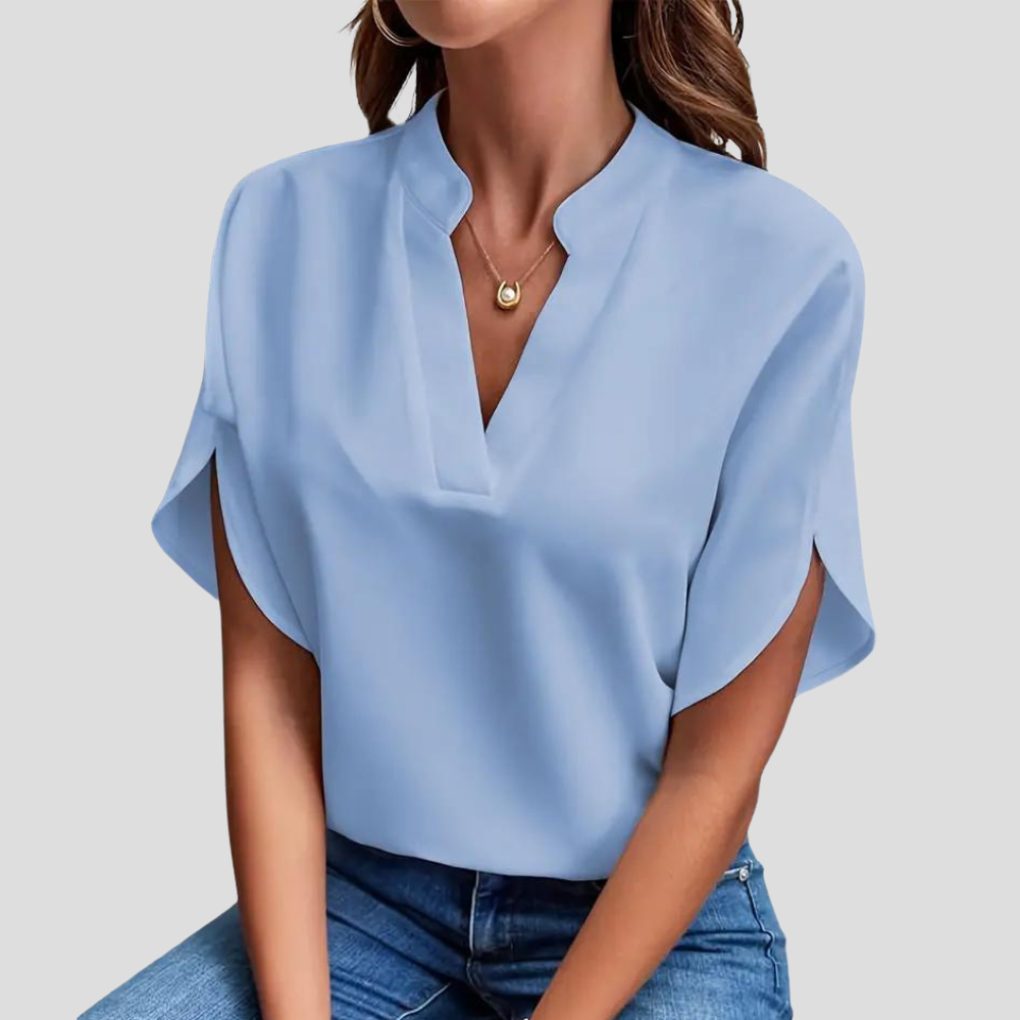 Women's Short Sleeve V-Neck Blouse – Stand Collar Summer Blouse