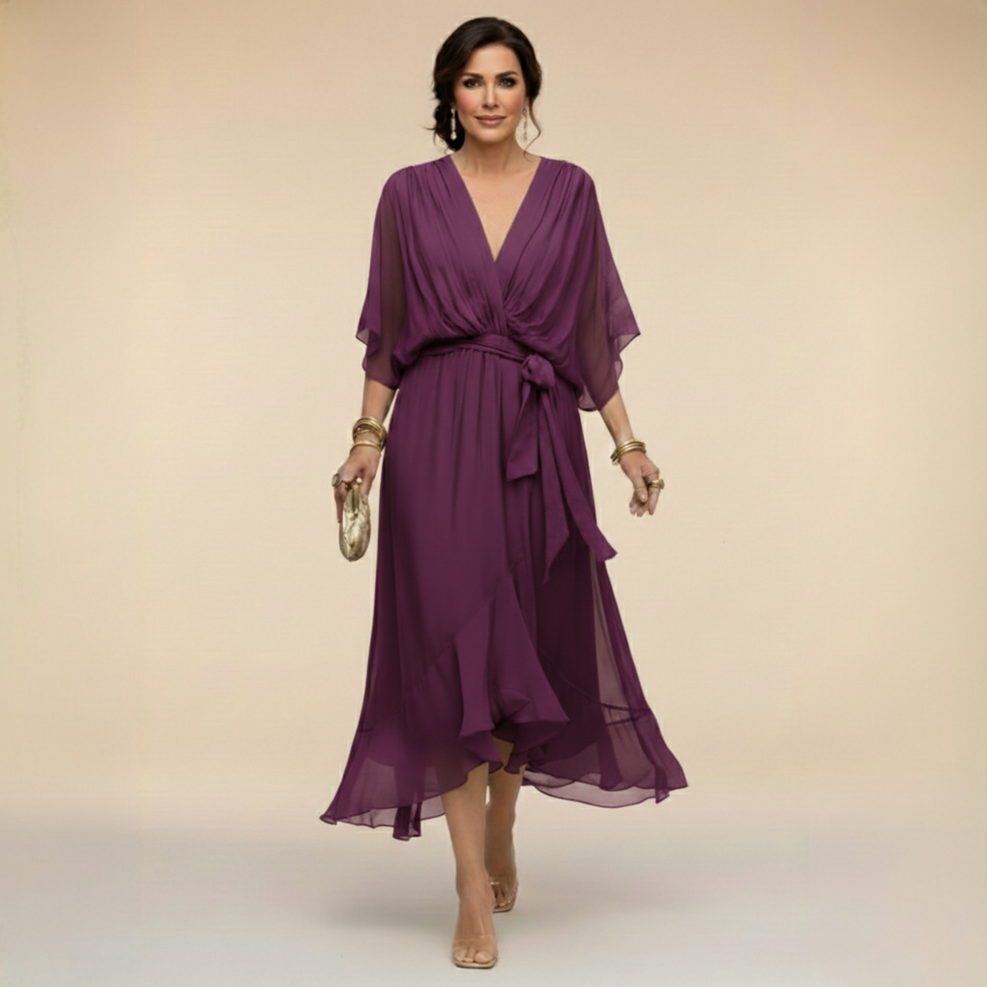 Women's V-Neck Long Sleeve Dress – Flowy Formal Occasion Dress
