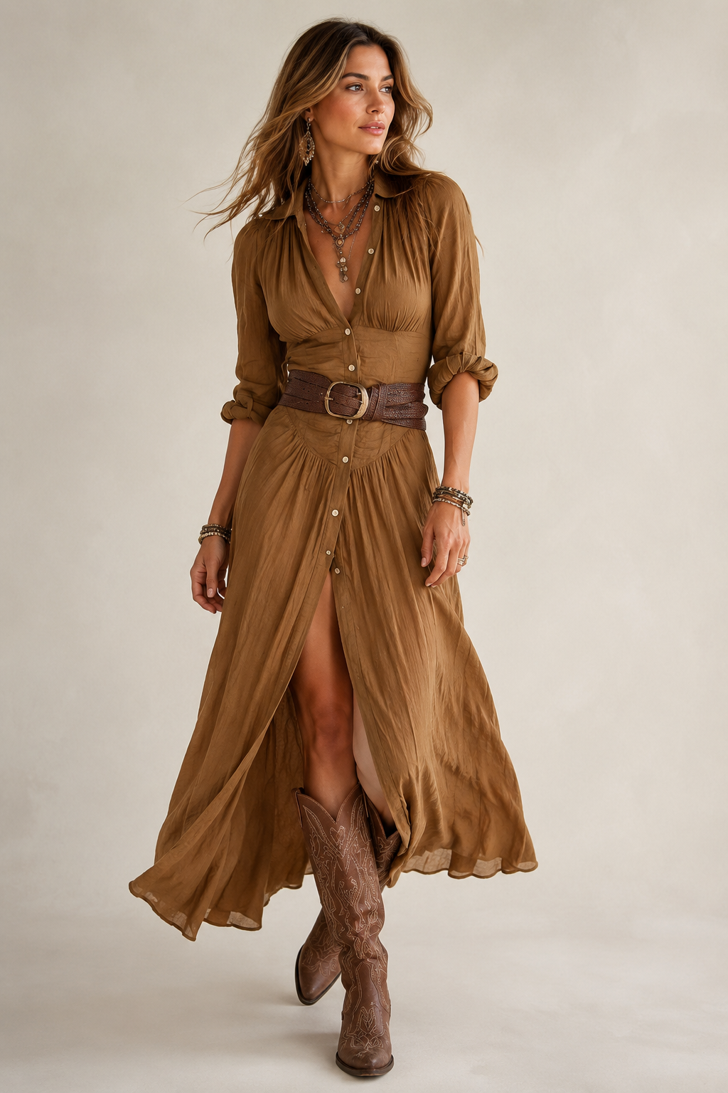 Women's Belted Maxi Dress – Button Front Dress