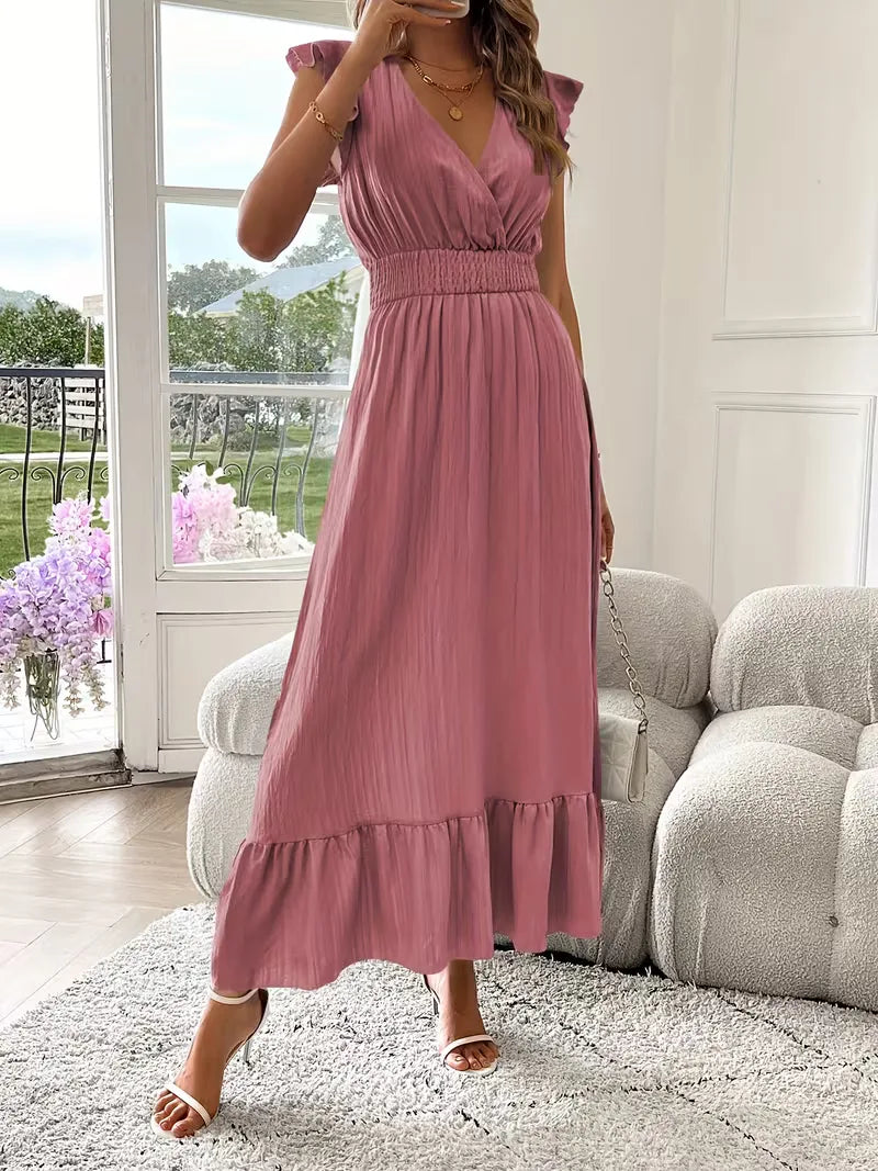 Women's V-Neck Tiered Maxi Dress – Short Sleeve Smocked Waist Evening Dress