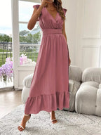 Women's V-Neck Tiered Maxi Dress – Short Sleeve Smocked Waist Evening Dress