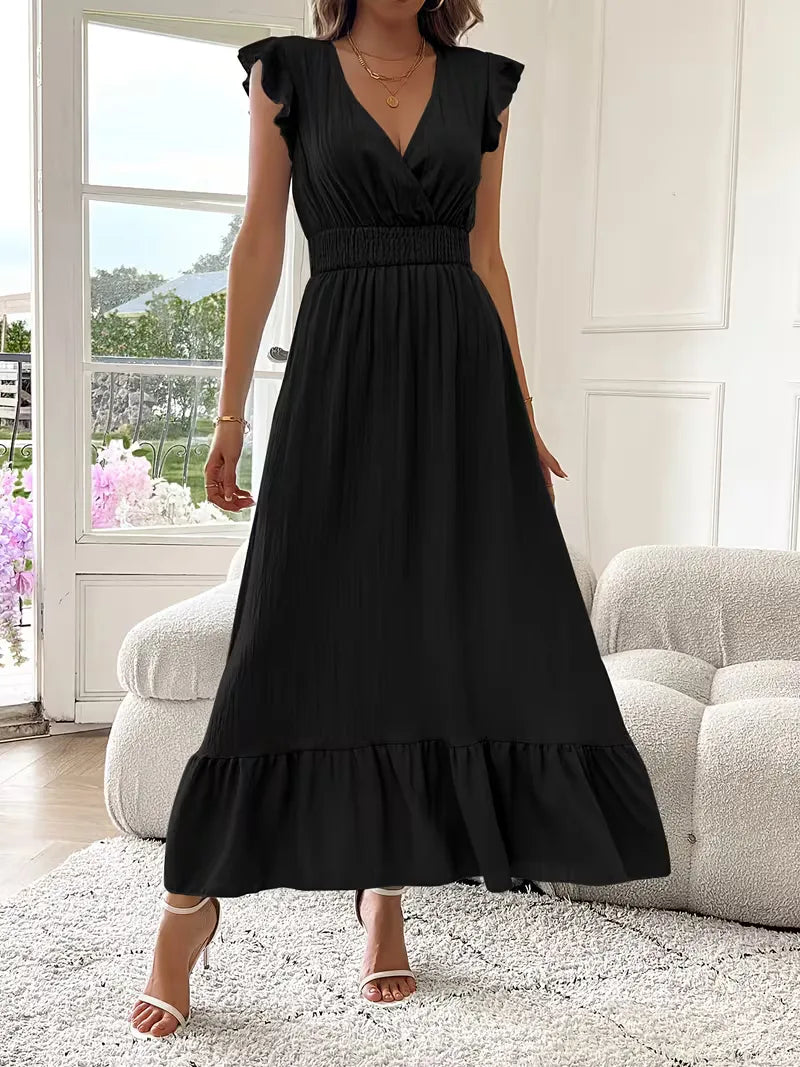Women's V-Neck Tiered Maxi Dress – Short Sleeve Smocked Waist Evening Dress