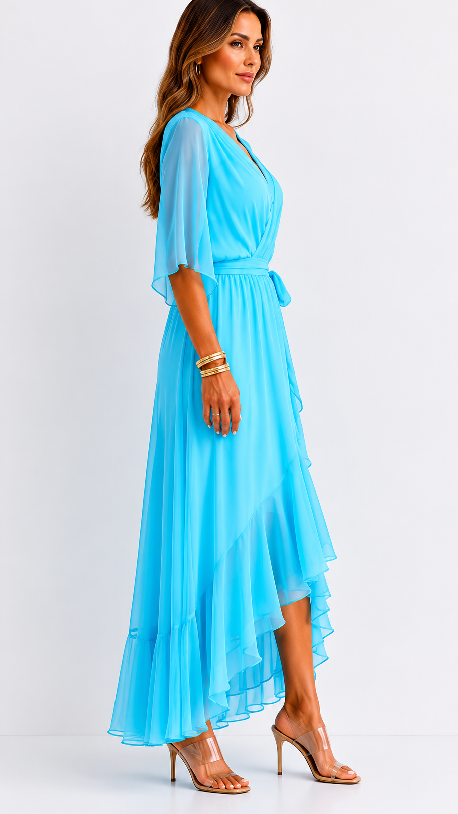 Women's V-Neck Wrap Dress – Tie Waist Flowy Occasion Dress