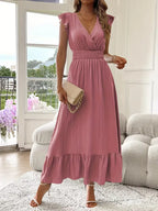 Women's V-Neck Tiered Maxi Dress – Short Sleeve Smocked Waist Evening Dress