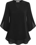 Women's V-Neck Wide Sleeve Blouse – Loose Fit Flowy Casual Blouse