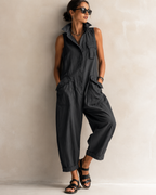 Women's Sleeveless Collared Jumpsuit – Relaxed Fit Pocket Summer Jumpsuit