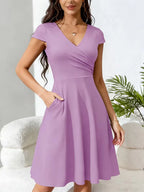 Women's V-Neck A-Line Dress – Short Sleeve Knee Length Pocket Dress