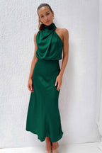 Women's Flowy Halter Midi Dress – Relaxed Cocktail Occasion Dress