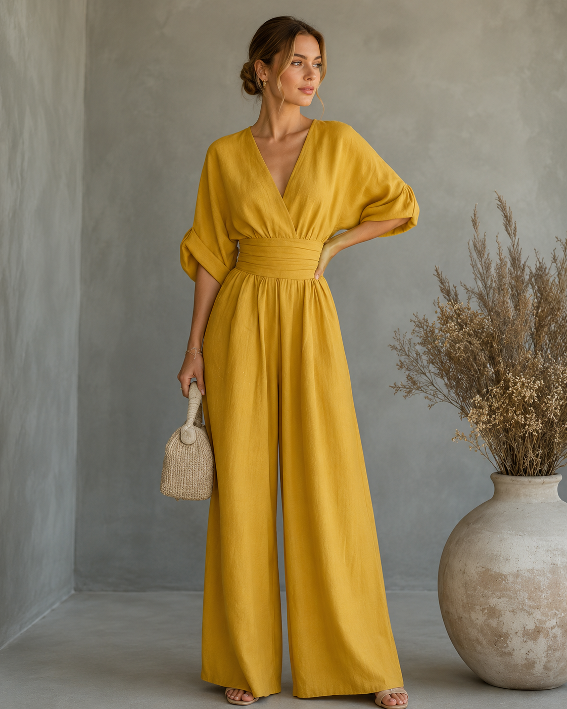 Women's V-Neck Wrap Wide Leg Jumpsuit – Cinched Waist Wedding Guest Jumpsuit