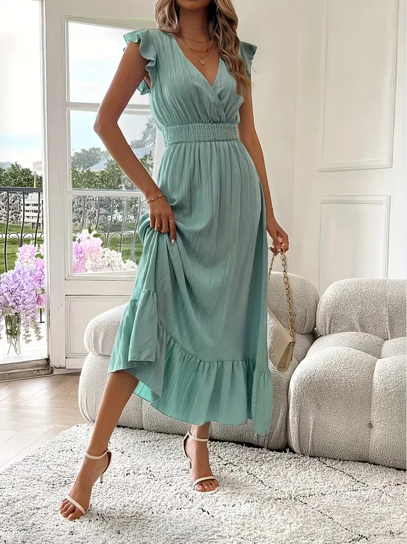 Women's V-Neck Tiered Maxi Dress – Short Sleeve Smocked Waist Evening Dress
