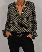 Women's Geometric Pattern Blouse – V-Neck Relaxed Long Sleeve Blouse