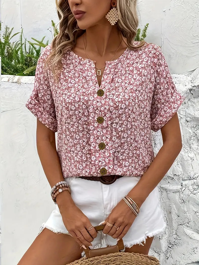 Women's Floral Short Sleeve Blouse – Lightweight Summer Blouse