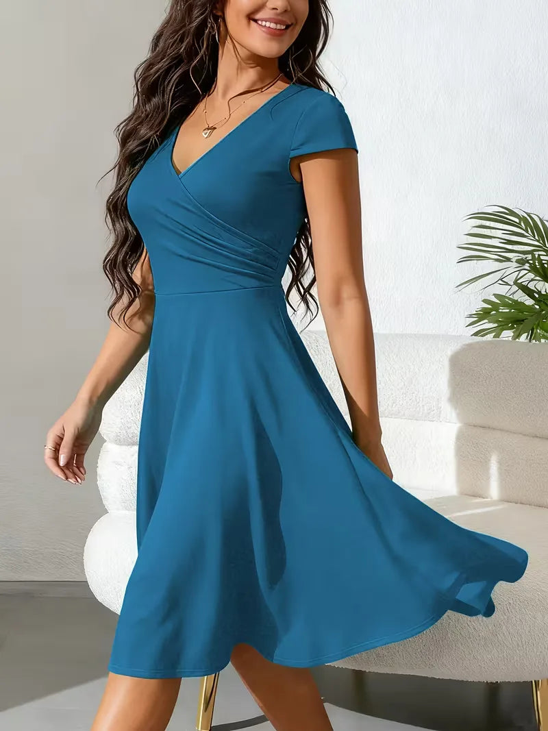 Women's V-Neck A-Line Dress – Short Sleeve Knee Length Pocket Dress