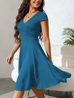 Women's V-Neck A-Line Dress – Short Sleeve Knee Length Pocket Dress