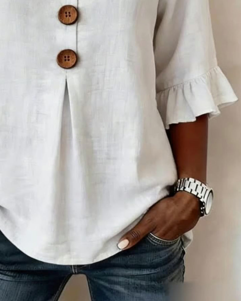 Women's Ruffle Front Blouse – Button Detail Flowy Long Sleeve Blouse