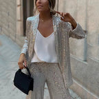 Women's Sequin Two-Piece Set – Fitted Top & High Waist Pants Set