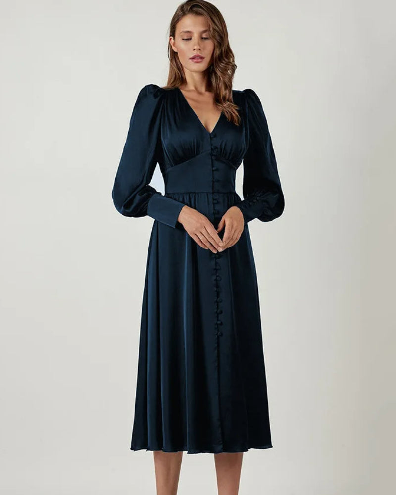 Women's V-Neck Wedding Guest Maxi Dress – Lantern Sleeve Flowy Formal Dress