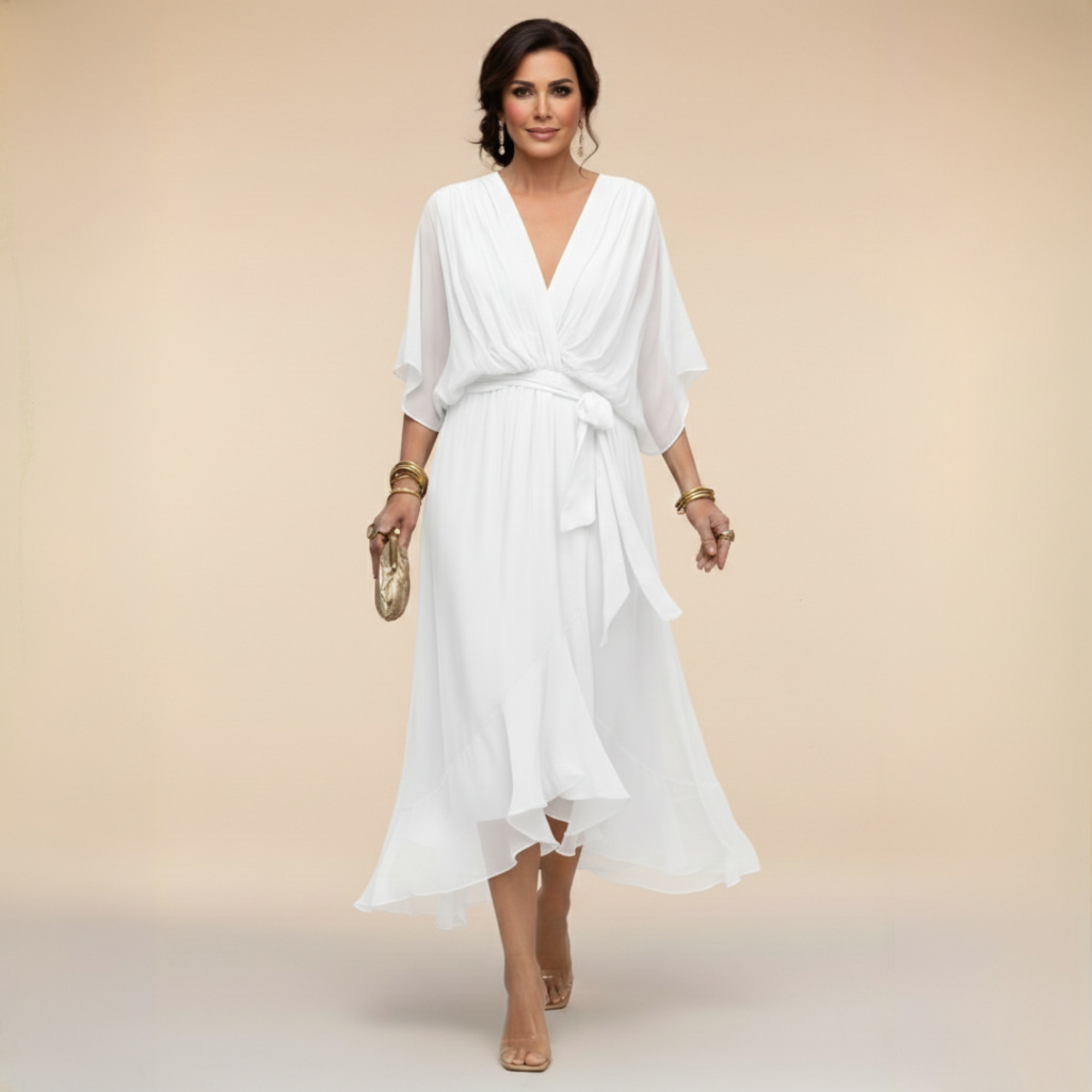 Women's V-Neck Long Sleeve Dress – Flowy Formal Occasion Dress